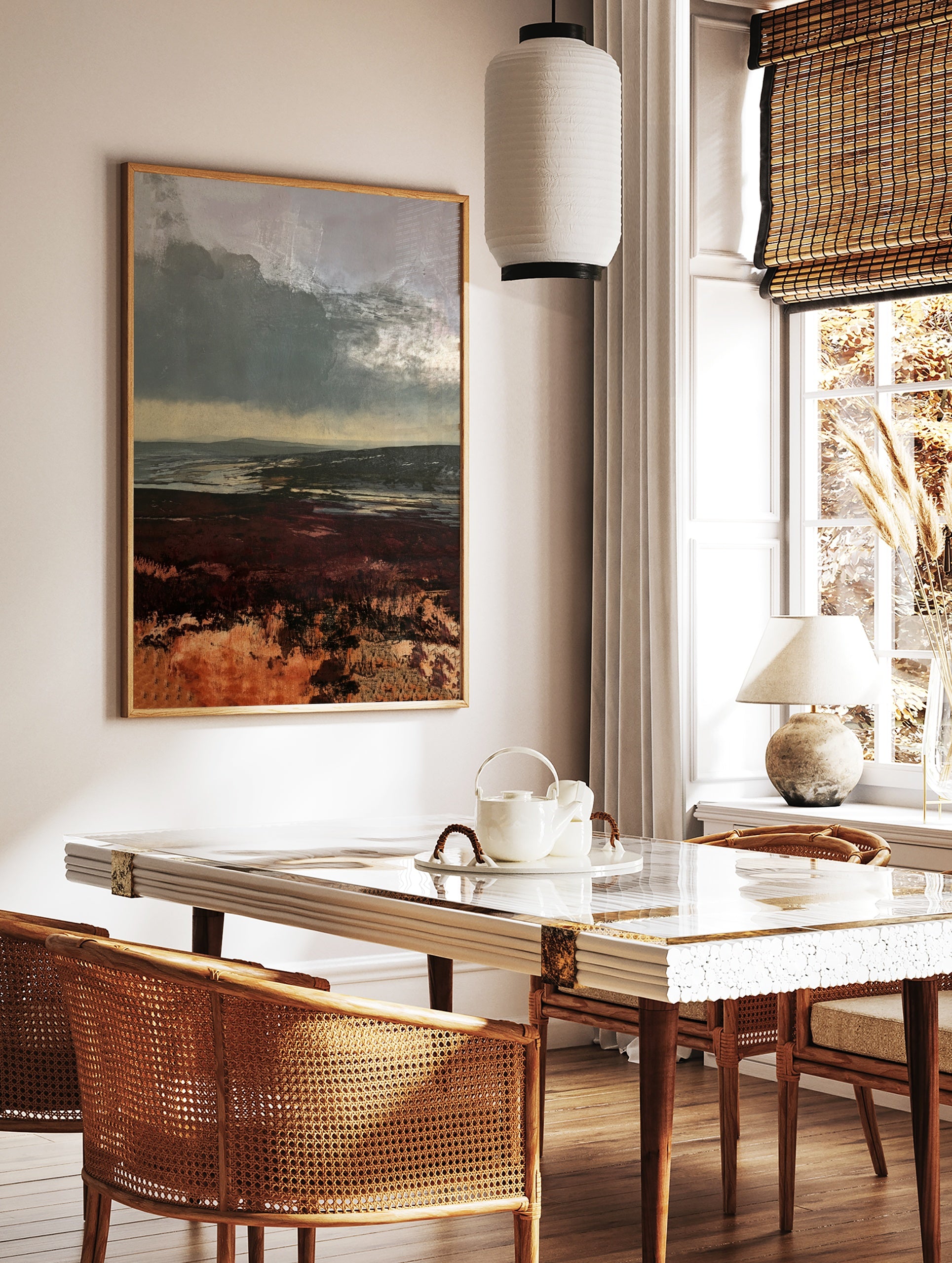 Moody moorland landscape painting with dark sky and deep red heather foreground, atmospheric nature, in a styled room mockup