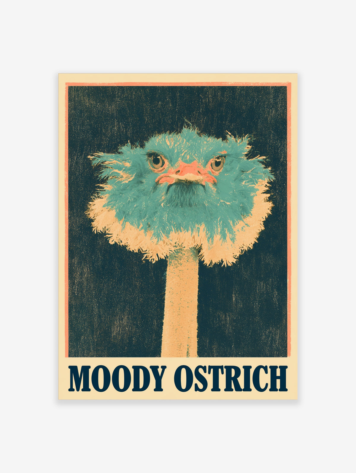 Teal ostrich head with moody expression and peach neck on navy background, with MOODY OSTRICH text