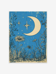 Vintage style poster with a crescent moon and stars in a blue night sky, surrounded by botanical wildflowers and grasses.
