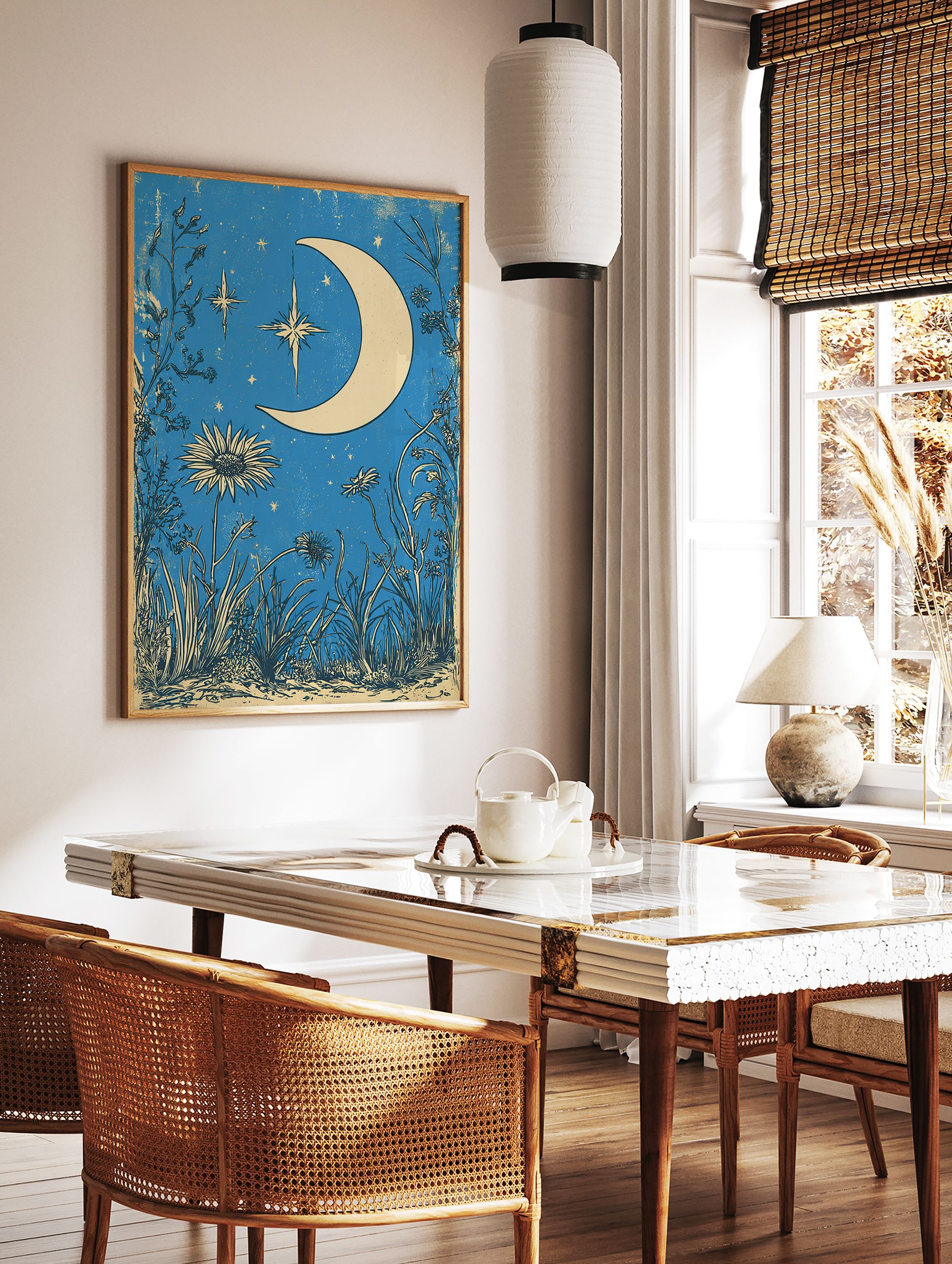 Vintage style poster with a crescent moon and stars in a blue night sky, surrounded by botanical wildflowers and grasses. - Image 2