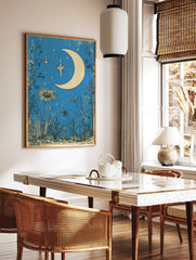 Vintage style poster with a crescent moon and stars in a blue night sky, surrounded by botanical wildflowers and grasses. - Image 2
