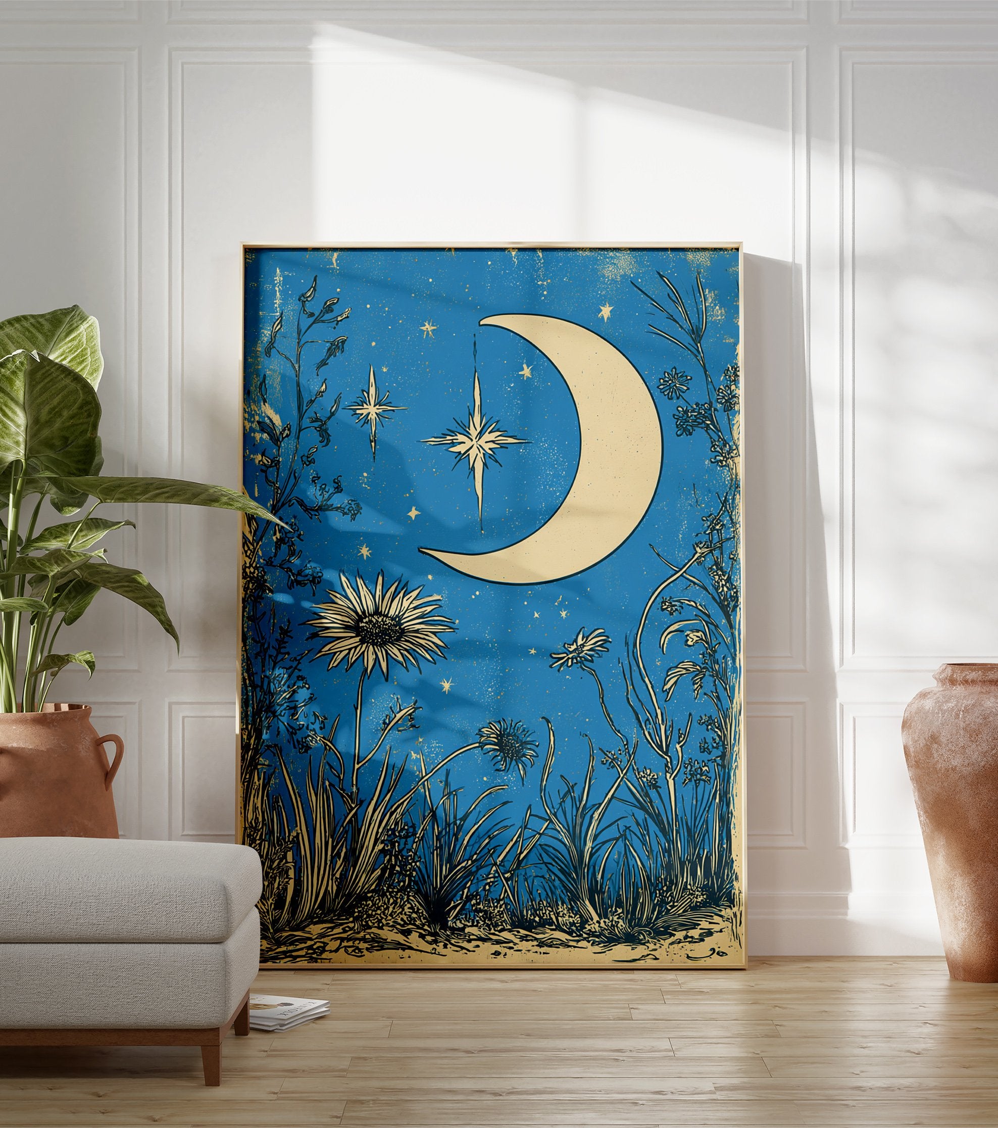 Vintage style poster with a crescent moon and stars in a blue night sky, surrounded by botanical wildflowers and grasses. - Image 3