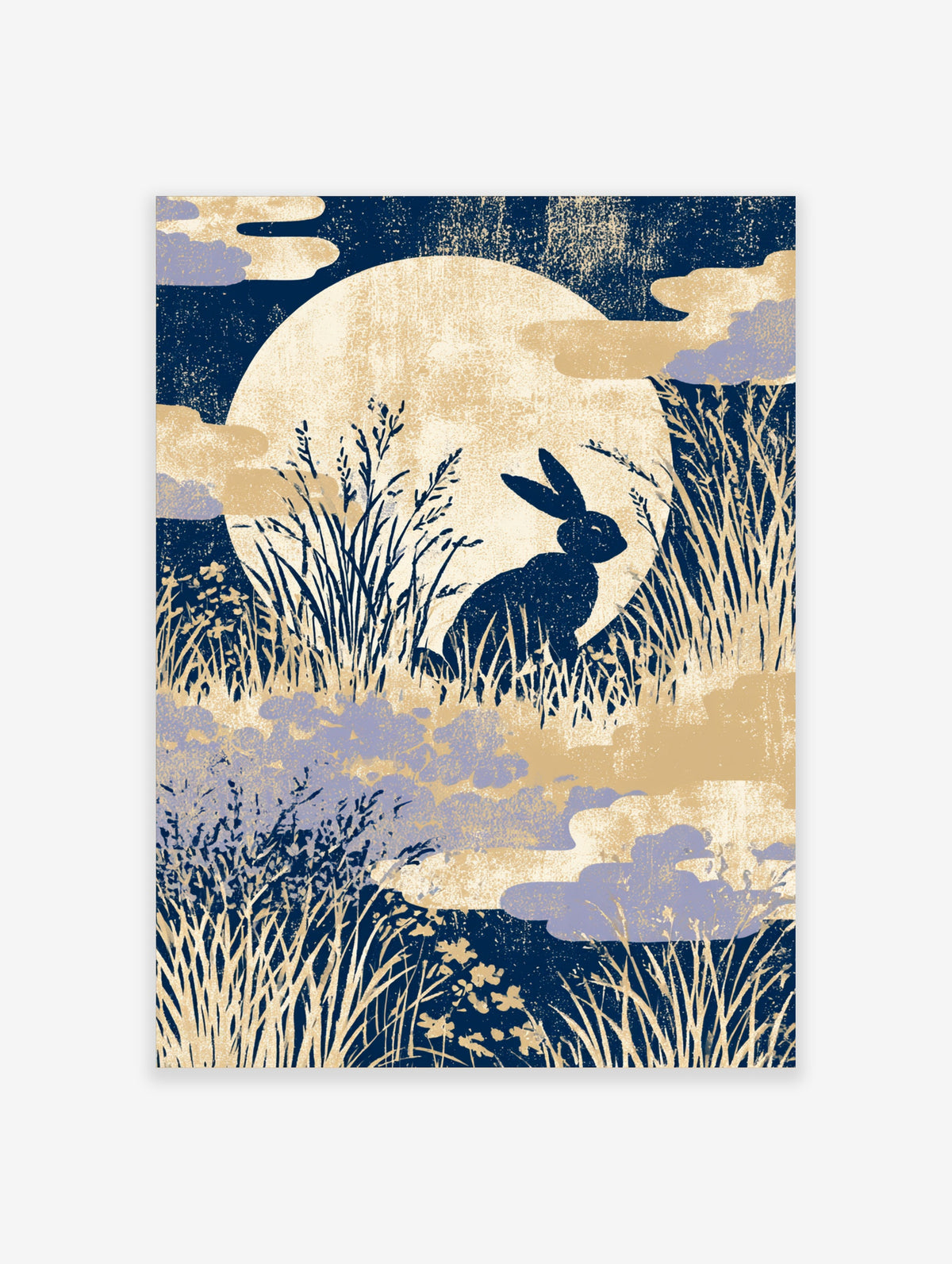 Navy hare silhouette among tall grasses under a textured full moon, Japanese style animal poster