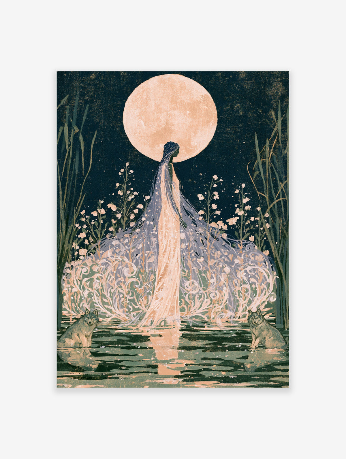 Moon goddess art print with robed figure, two wolves, full moon and navy sky
