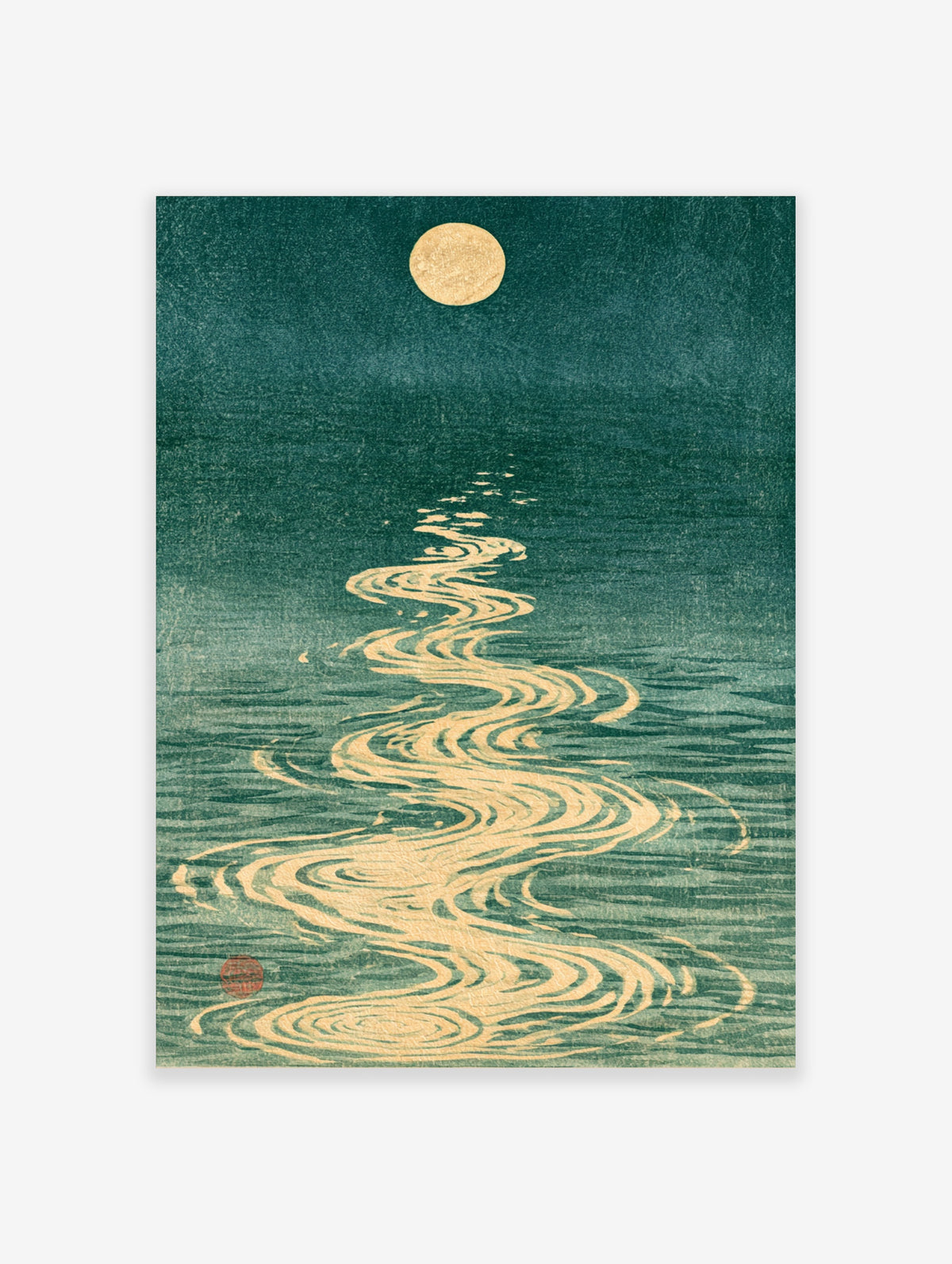 Gold full moon over dark teal water with rippling reflection and red seal, Japanese style poster