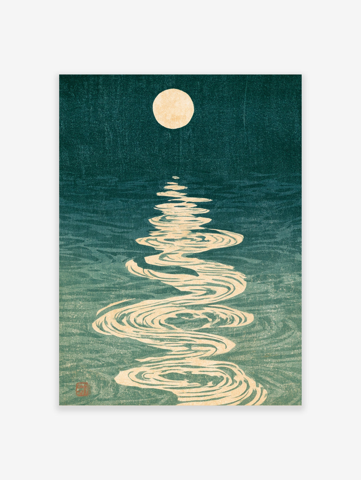 Moon reflection poster with full moon and cream ripples on deep teal water