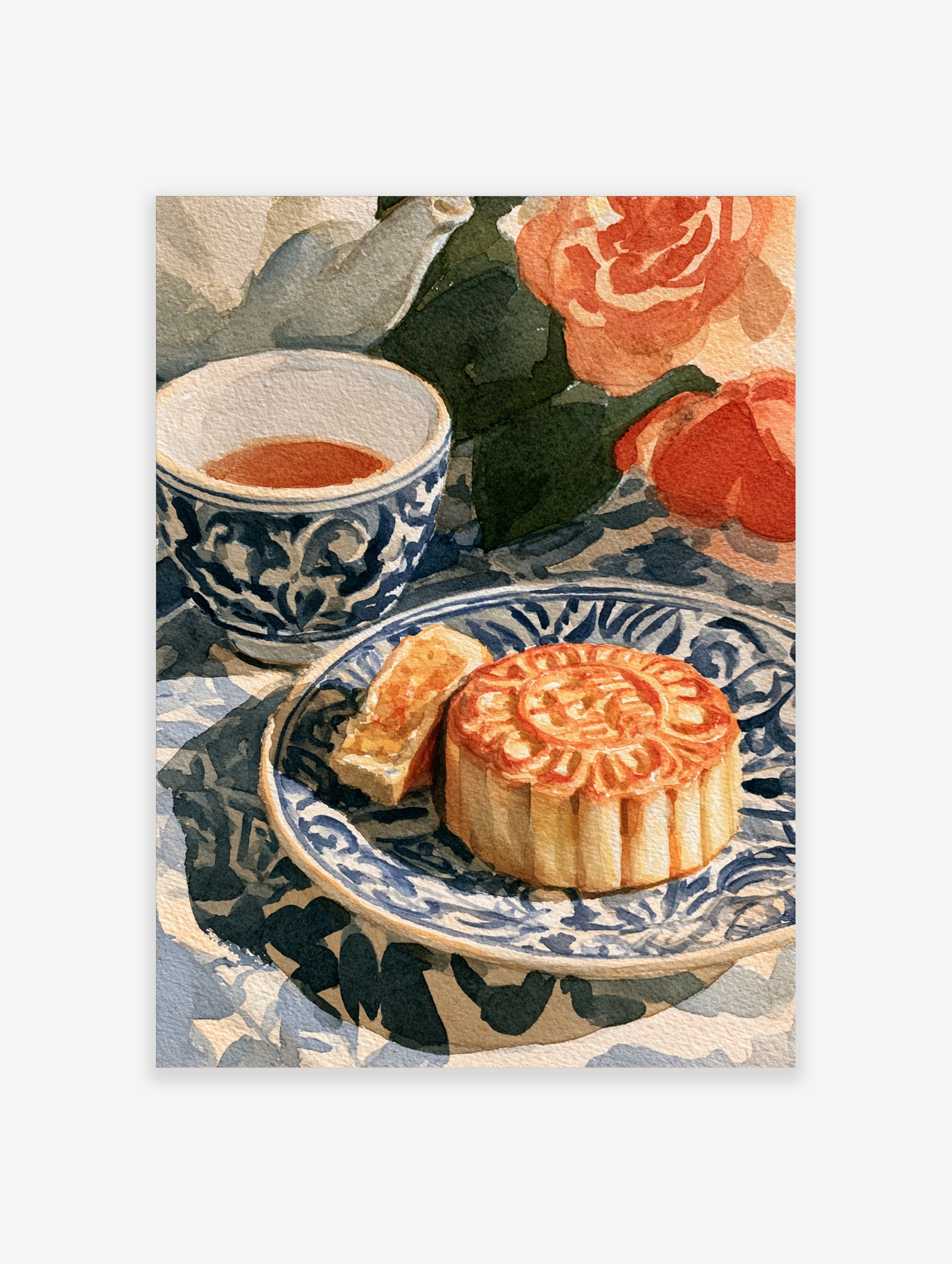Watercolour illustration of a sliced mooncake on a blue and white patterned plate with a teacup and an orange rose