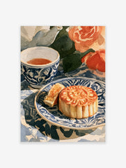 Watercolour illustration of a sliced mooncake on a blue and white patterned plate with a teacup and an orange rose