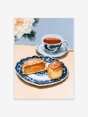 Watercolor illustration of a mooncake and teacup on a blue patterned plate with a white peony flower background