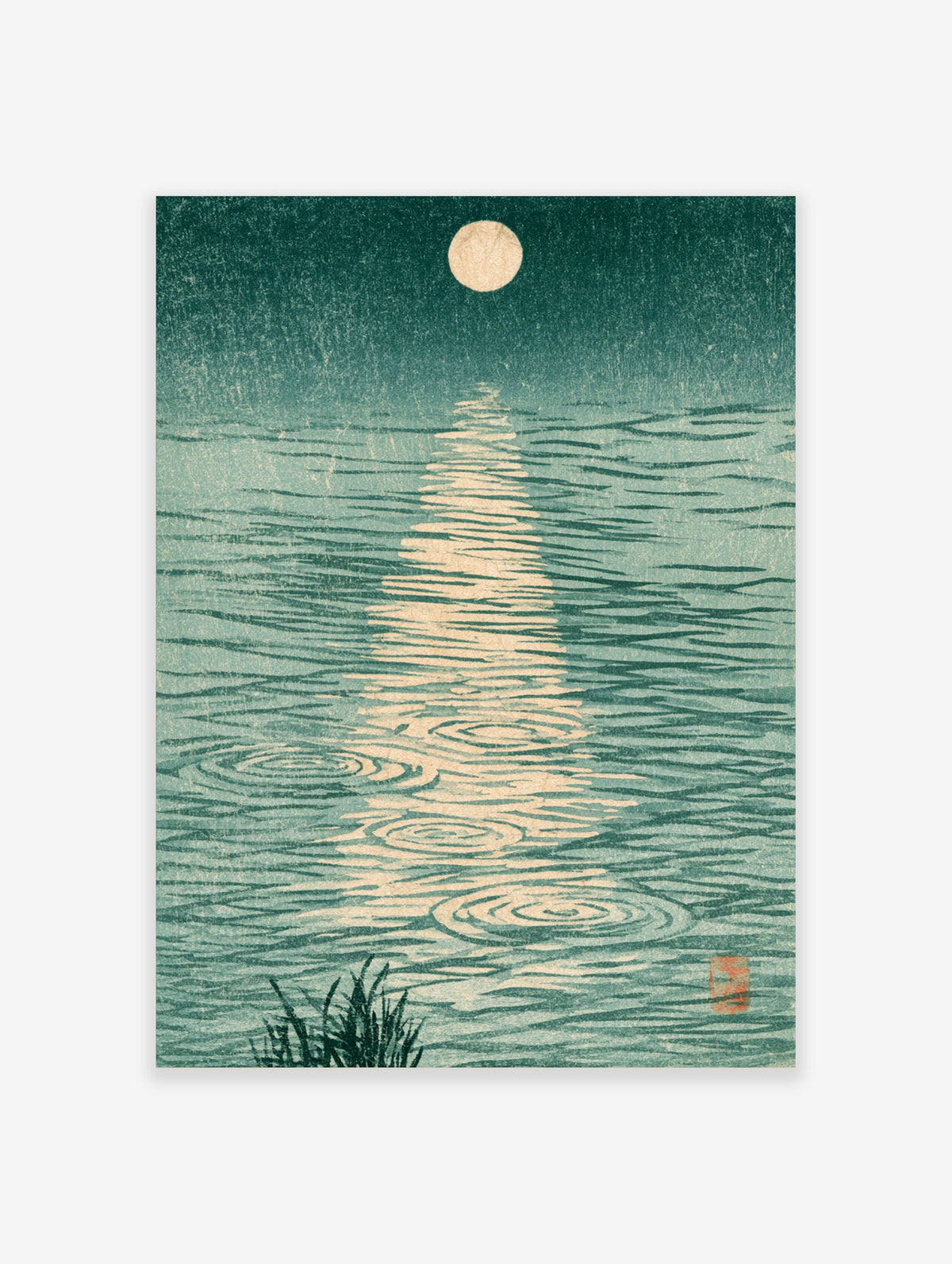 Japanese-style moon over water poster with teal ripples, reeds, and red seal mark
