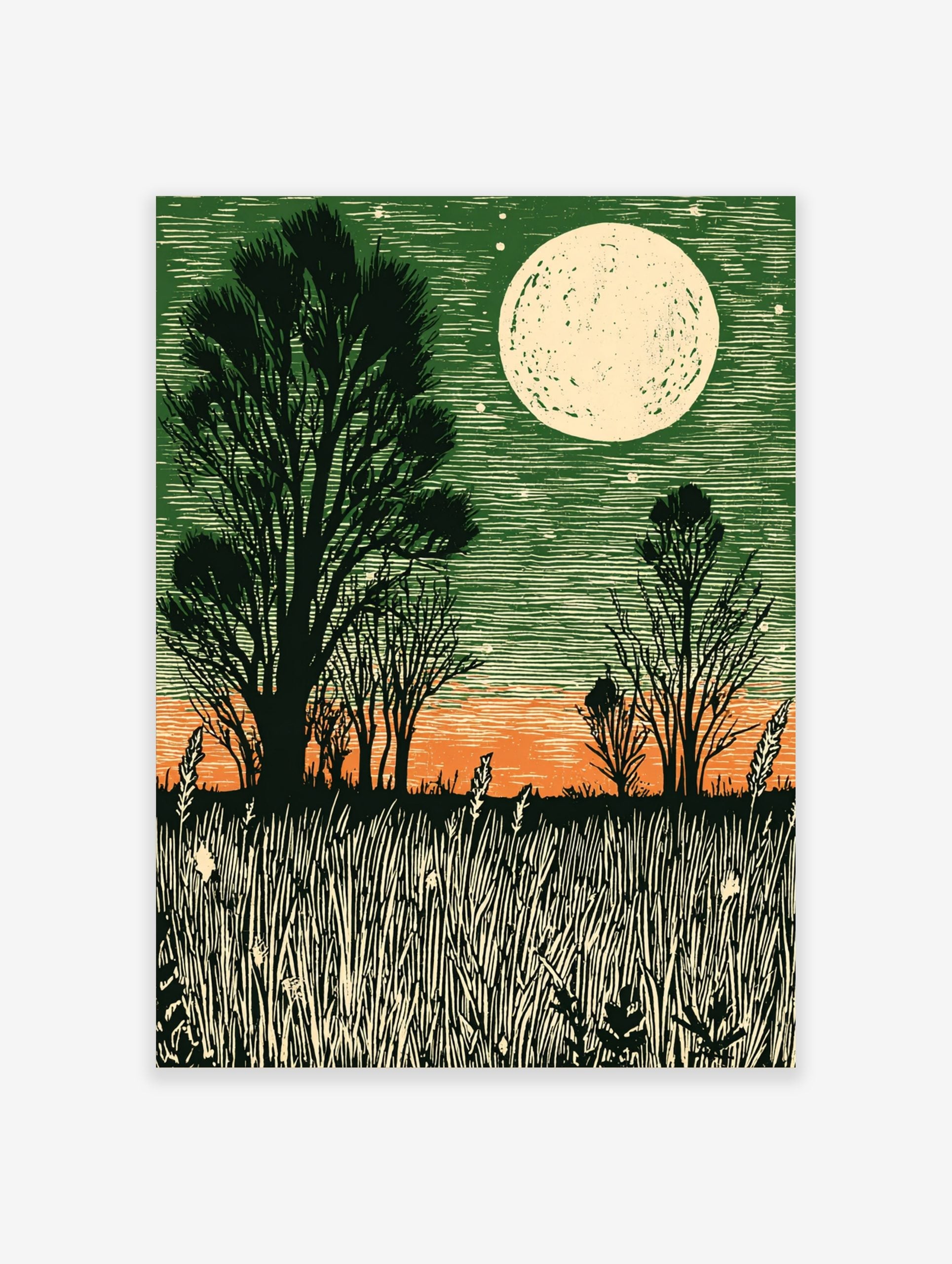 Linocut style moonlit field print with dark green sky, orange horizon, silhouetted trees, and tall grass