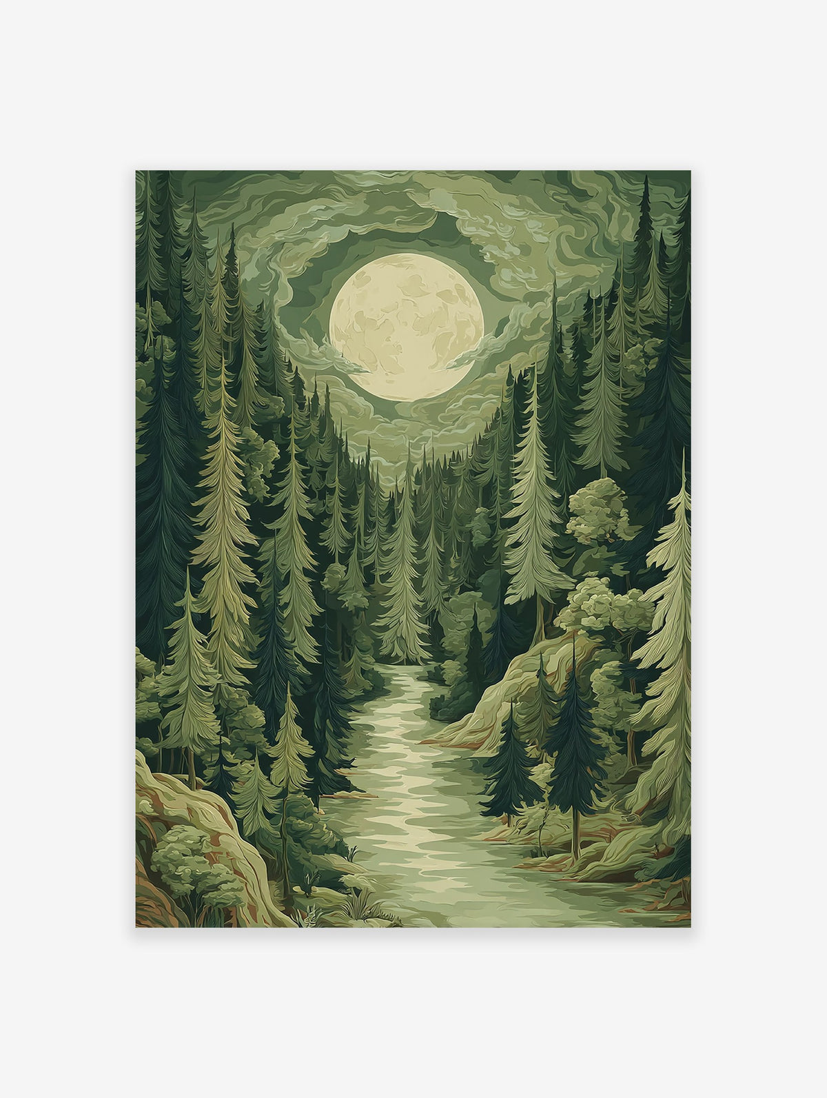 Moonlit forest poster with a winding river through tall green trees and a large full moon in a cloudy sky illustration.