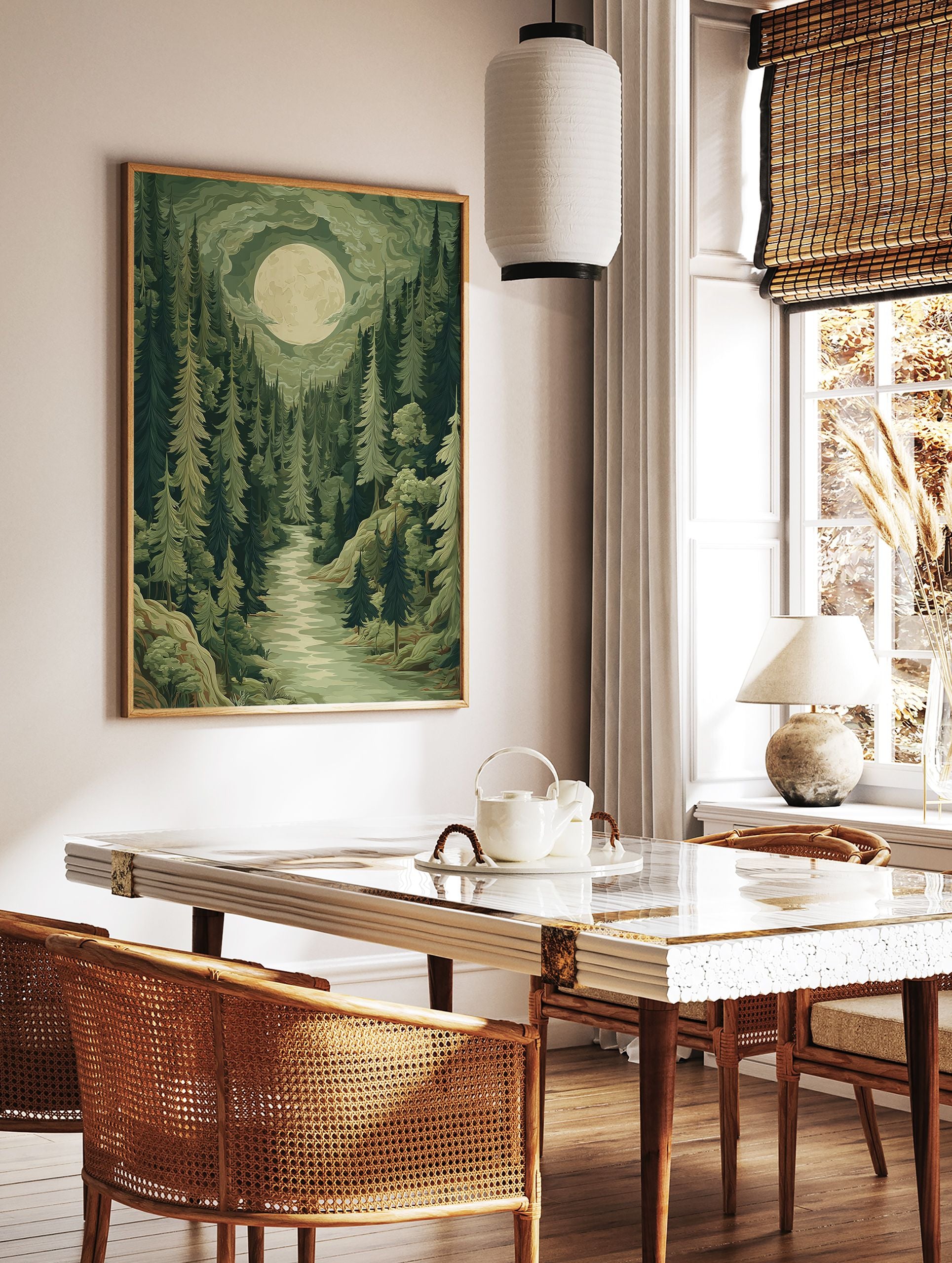 Moonlit forest poster with a winding river through tall green trees and a large full moon in a cloudy sky illustration. - Image 2