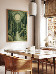 Moonlit forest poster with a winding river through tall green trees and a large full moon in a cloudy sky illustration. - Image 2