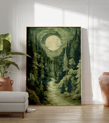 Moonlit forest poster with a winding river through tall green trees and a large full moon in a cloudy sky illustration. - Image 3