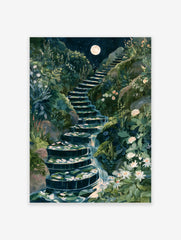 Illustrative art print of a moonlit stone staircase with a cascading waterfall and white flowers in a lush garden