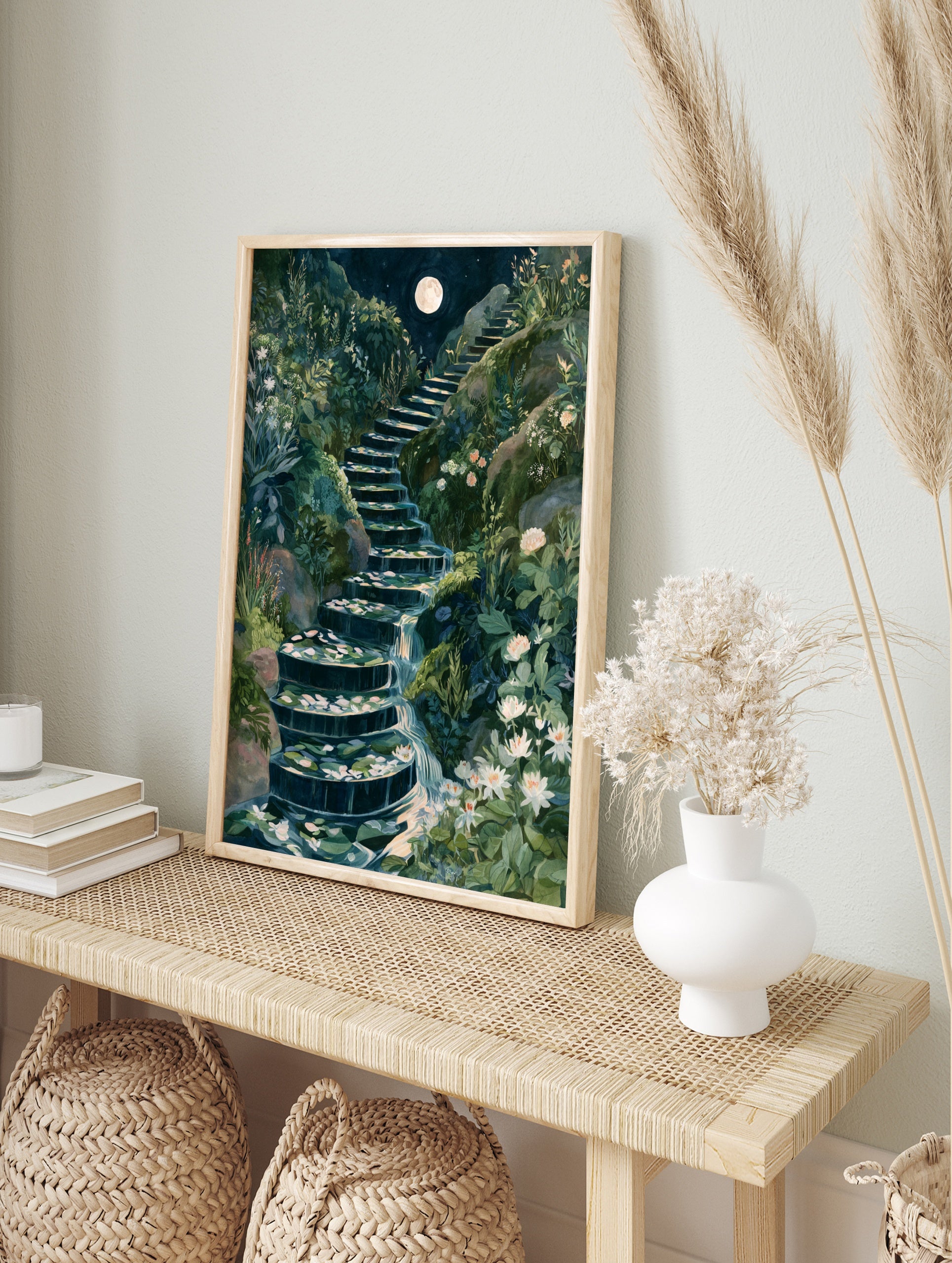 Illustrative art print of a moonlit stone staircase with a cascading waterfall and white, in an alternate framed mockup