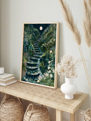 Illustrative art print of a moonlit stone staircase with a cascading waterfall and white, in an alternate framed mockup