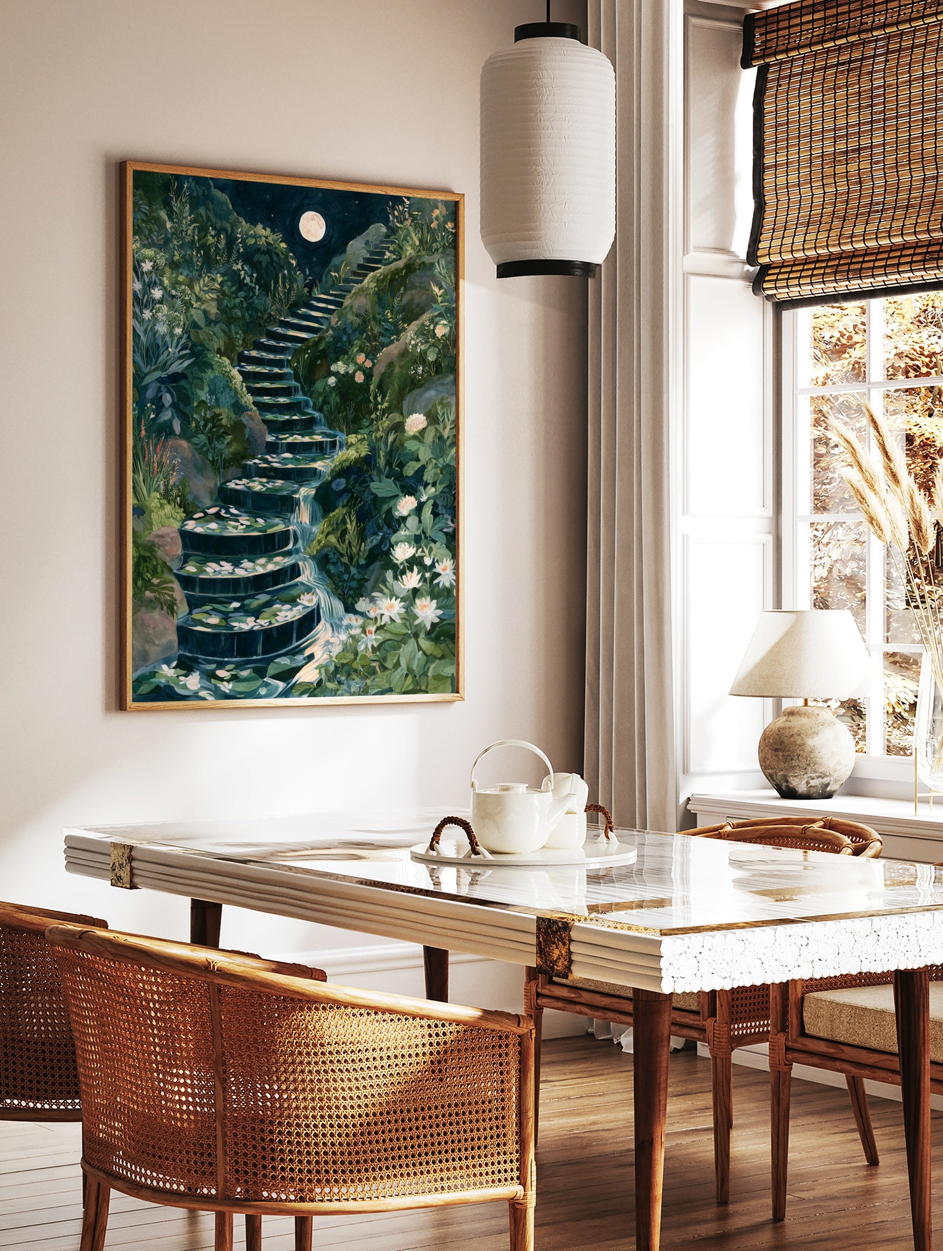 Illustrative art print of a moonlit stone staircase with a cascading waterfall and white flowers in, in a styled room mockup