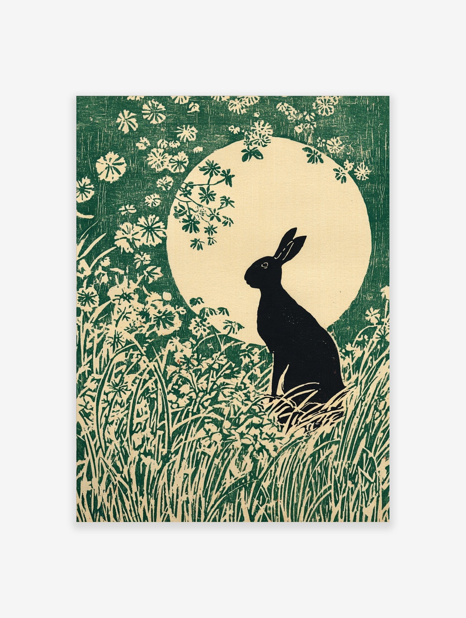 Black rabbit silhouette in a field of green grass and white flowers against a large pale moon in an illustrative art print