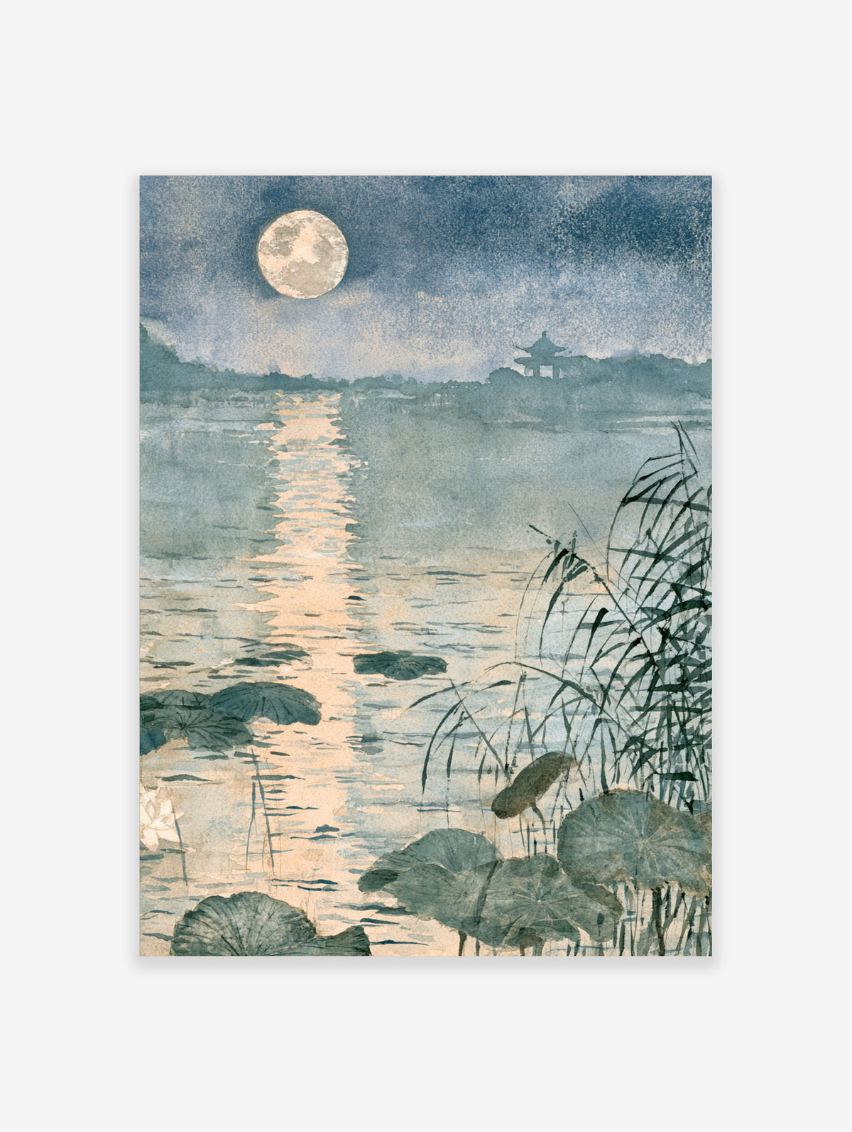 Moonlit lake poster with full moon, lotus leaves, reeds, and pavilion silhouette