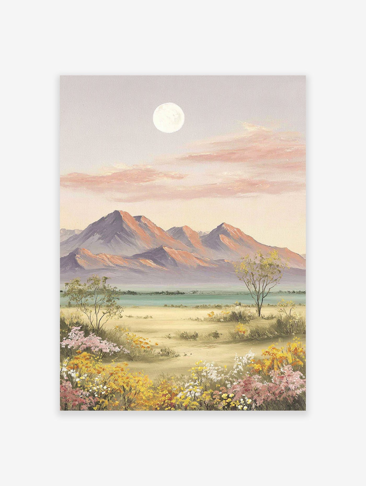 Moonlit landscape painting with pastel mountains, pink clouds, a full moon, and a field of wildflowers.