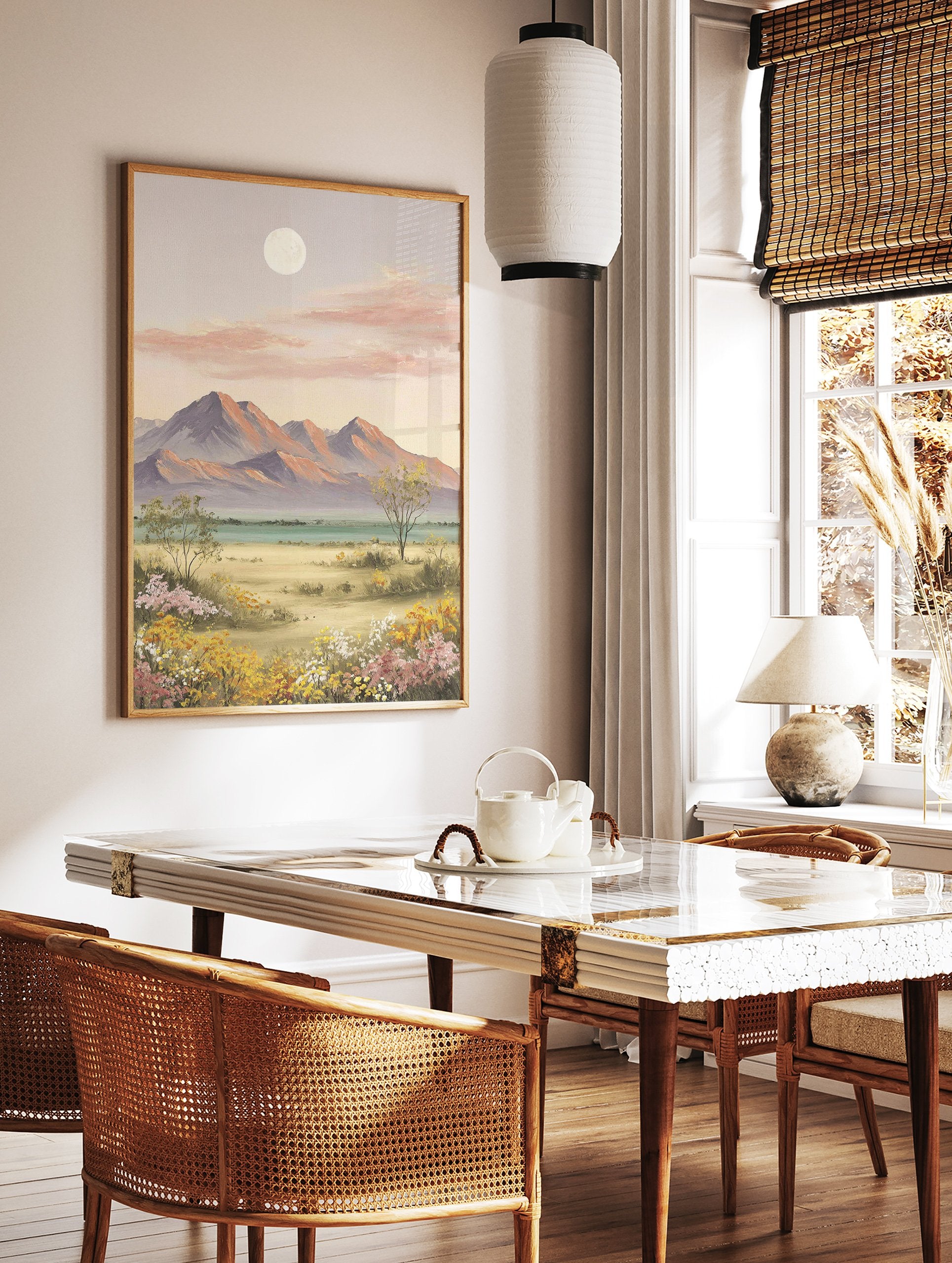 Moonlit landscape painting with pastel mountains, pink clouds, a full moon, and a field of wildflowers. - Image 2