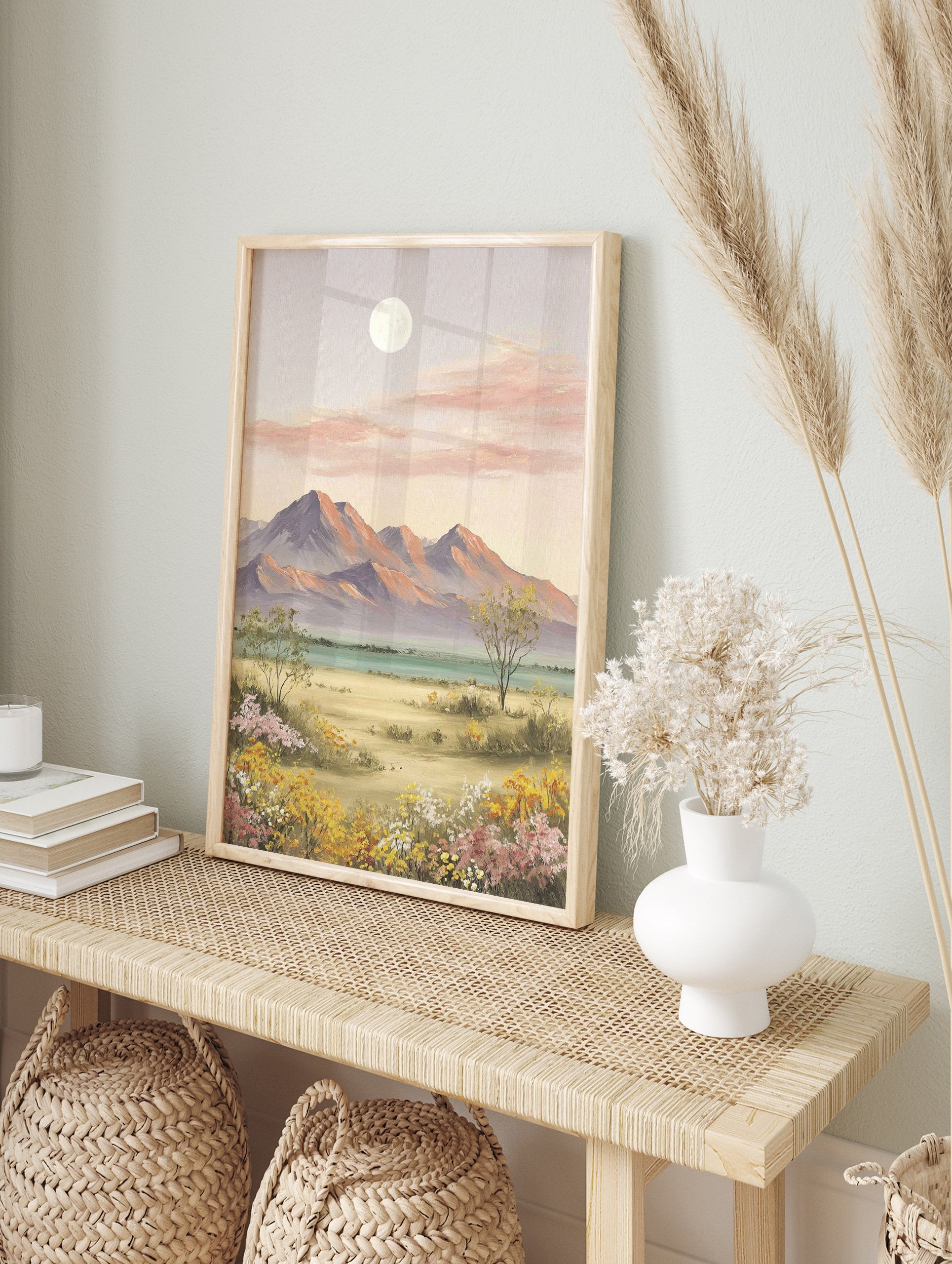 Moonlit landscape painting with pastel mountains, pink clouds, a full moon, and a field of wildflowers. - Image 3