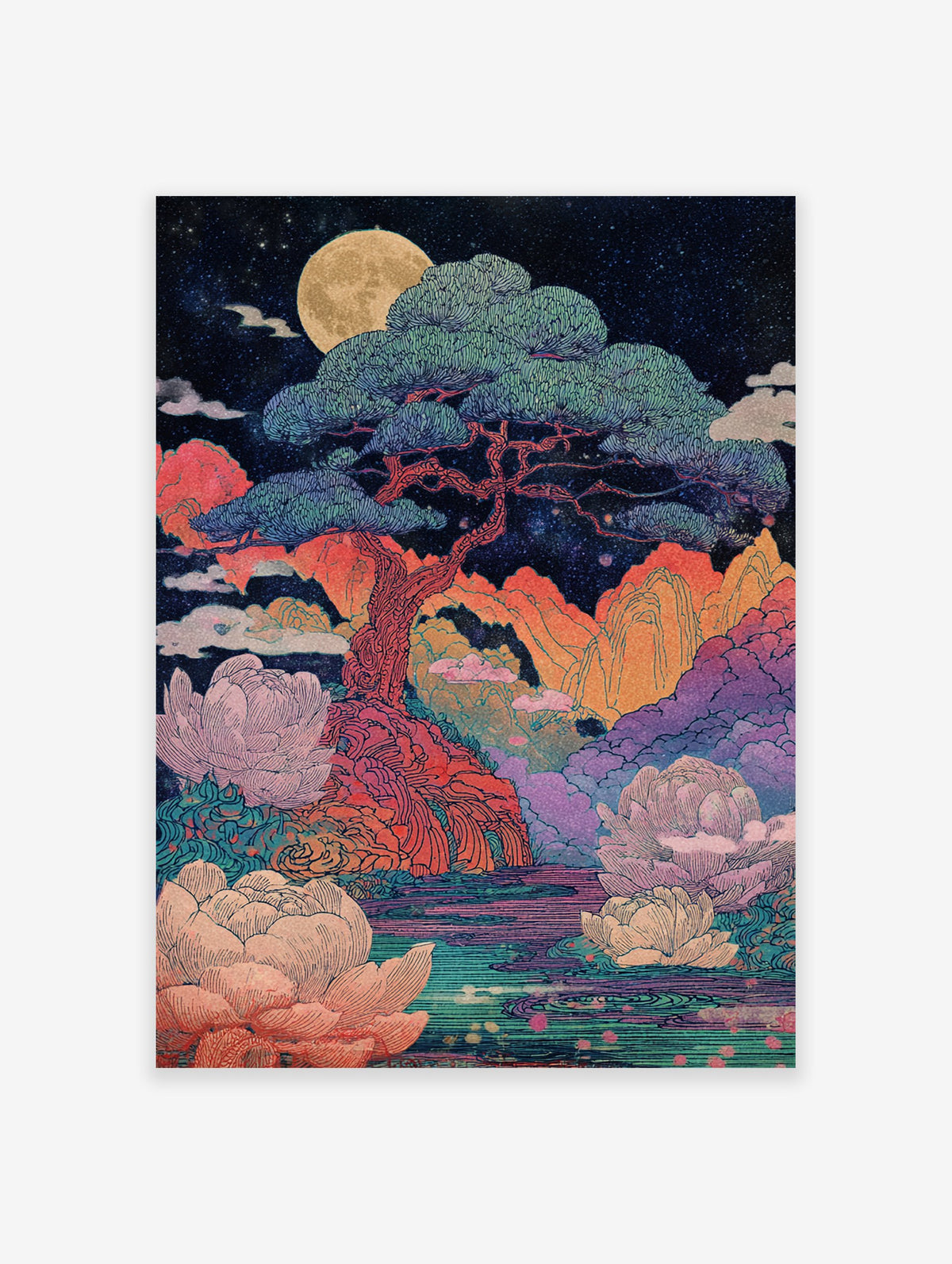 Moonlit landscape poster with a large pine tree, full moon, colorful mountains, water, and pink lotus flowers in East Asian art style.