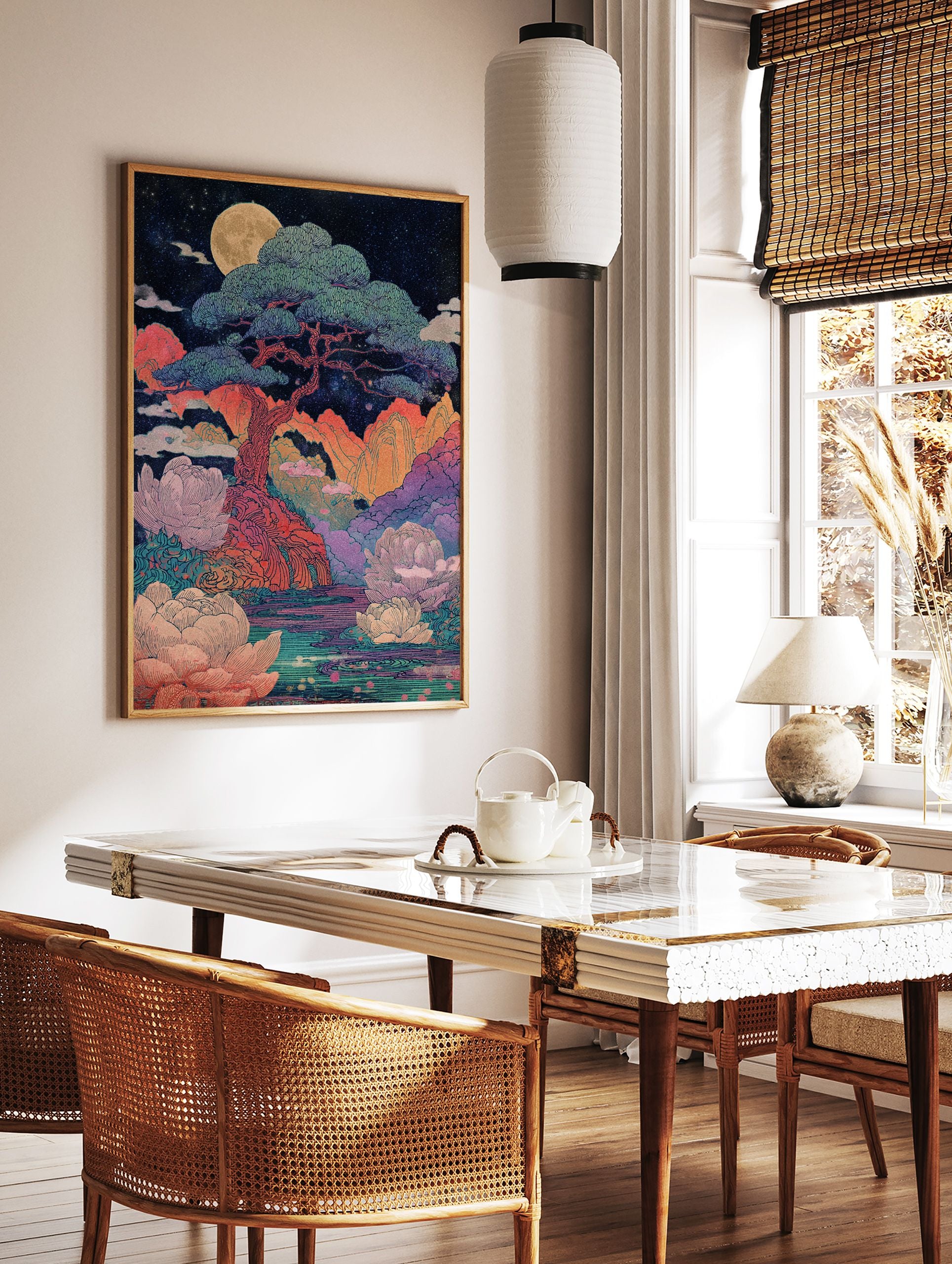 Moonlit landscape poster with a large pine tree, full moon, colorful mountains, water, and pink lotus flowers in East Asian art style. - Image 2