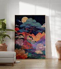 Moonlit landscape poster with a large pine tree, full moon, colorful mountains, water, and pink lotus flowers in East Asian art style. - Image 3