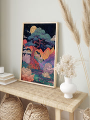Moonlit landscape poster with a large pine tree, full moon, colorful mountains, water, and pink lotus flowers in East Asian art style. - Image 4