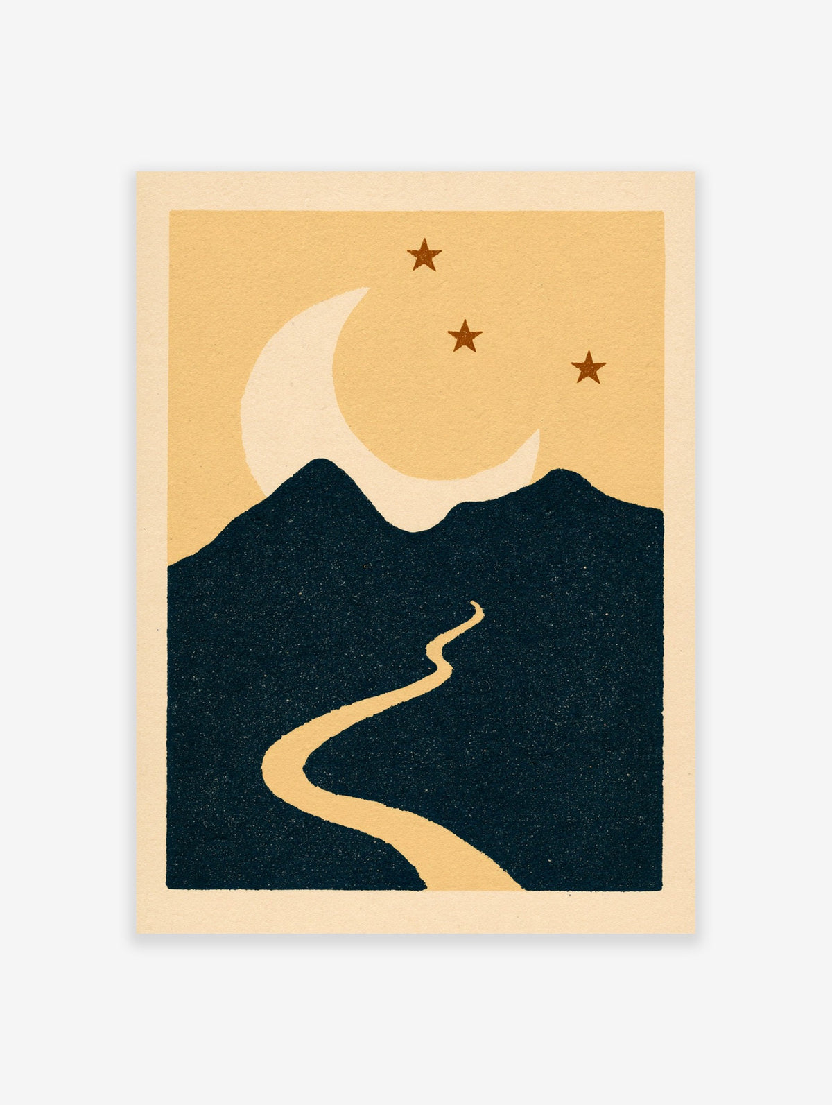 Minimalist moonlit landscape poster with dark mountains, a winding path, and stars against a warm background