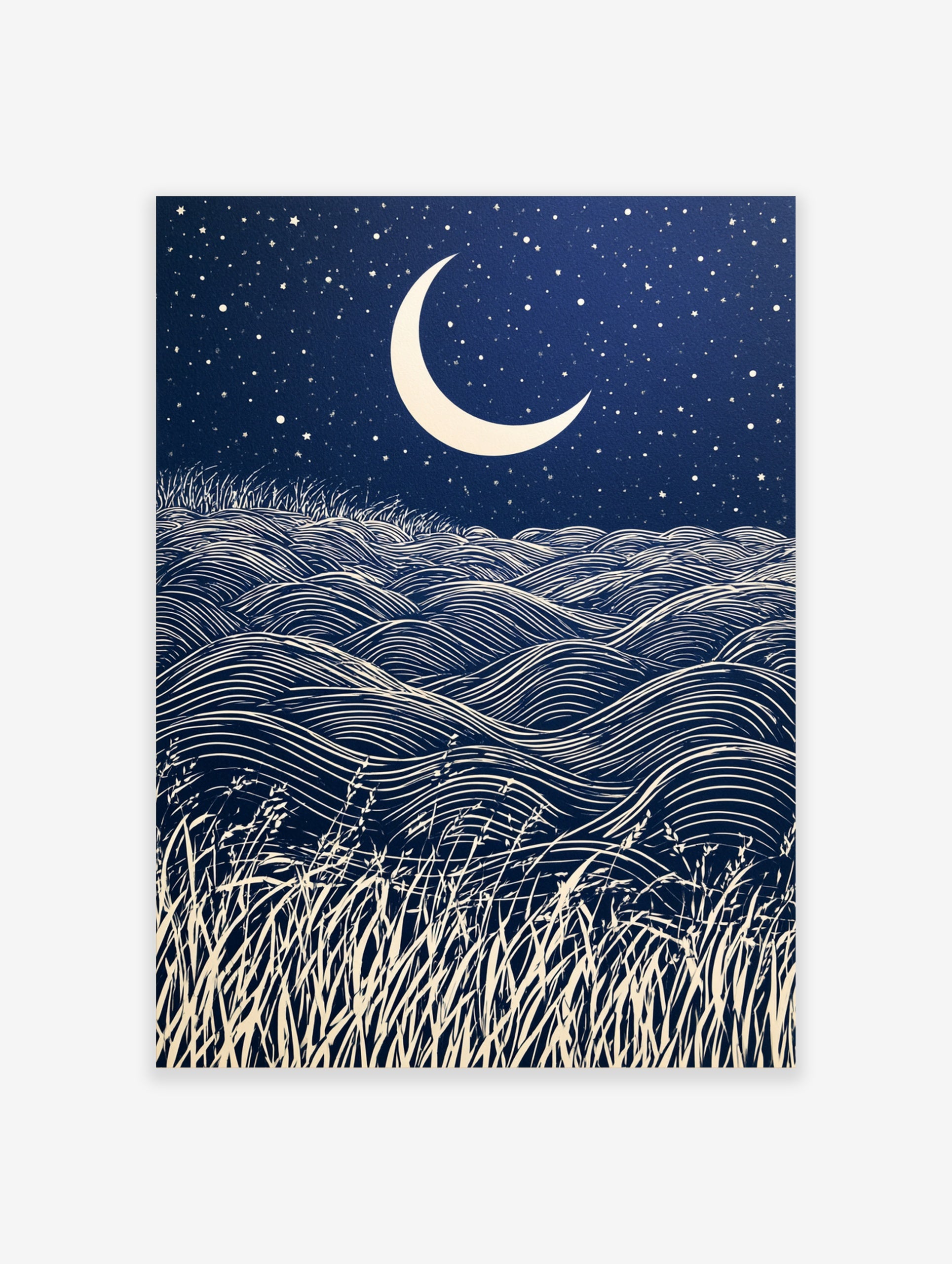 Crescent moon and starry night sky over rolling grass hills in a graphic, navy and cream illustrative style wall art print