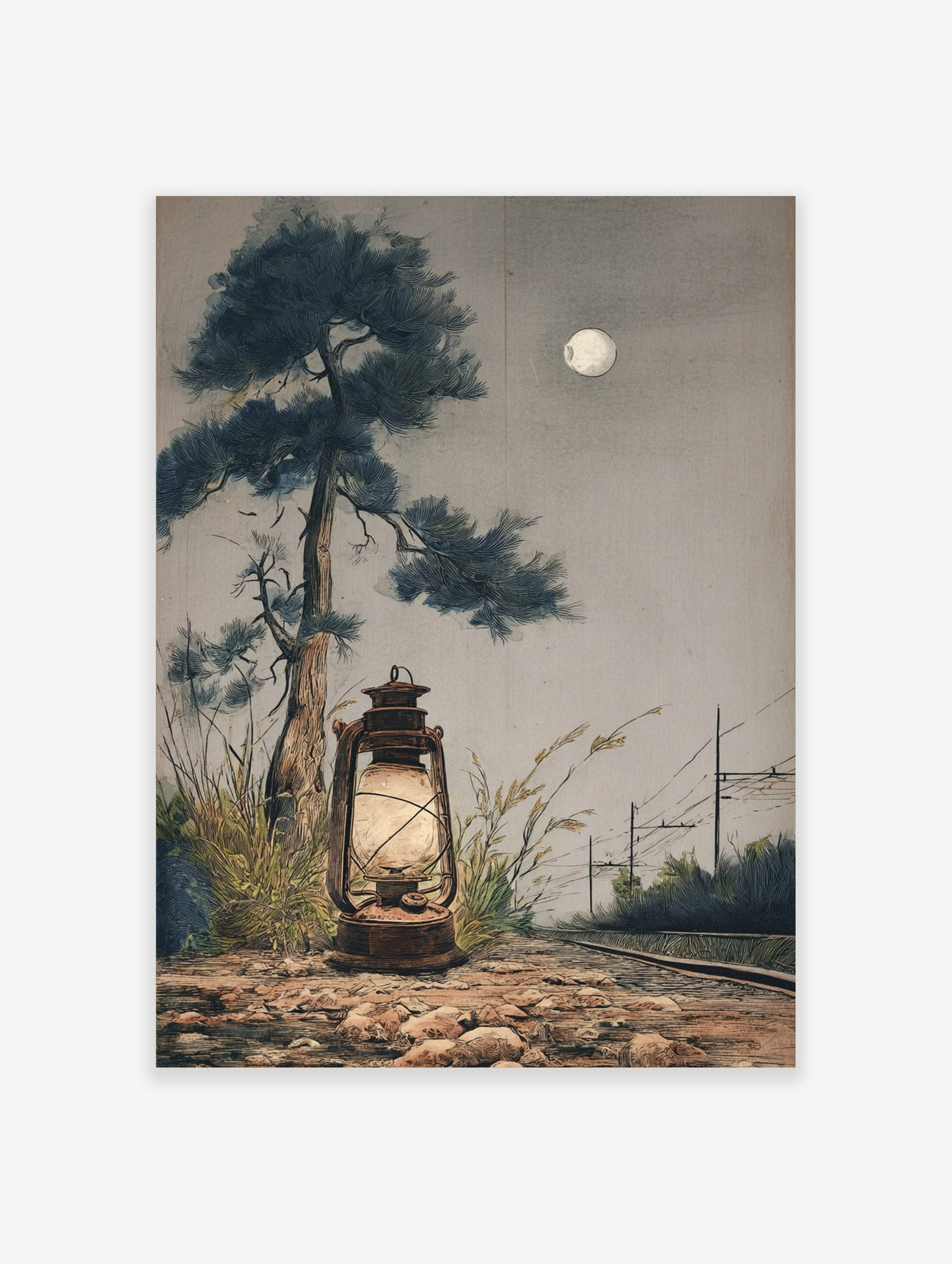 Moonlit illustrative art print of a glowing lantern, tall pine tree, railway tracks, and full moon in a grey sky