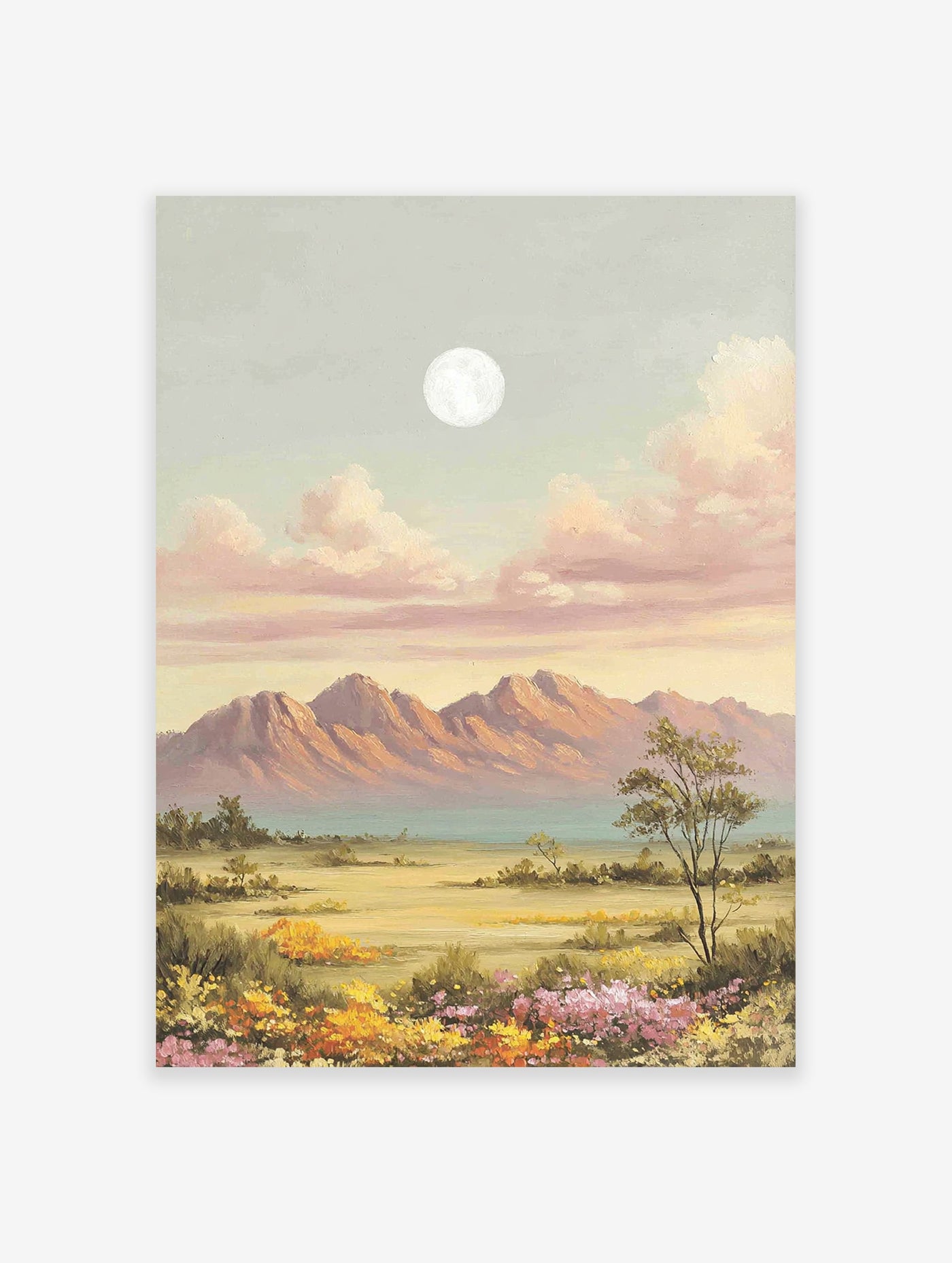 Moonlit mountain landscape painting with pink clouds, vibrant floral field, and a lone tree under a full moon.