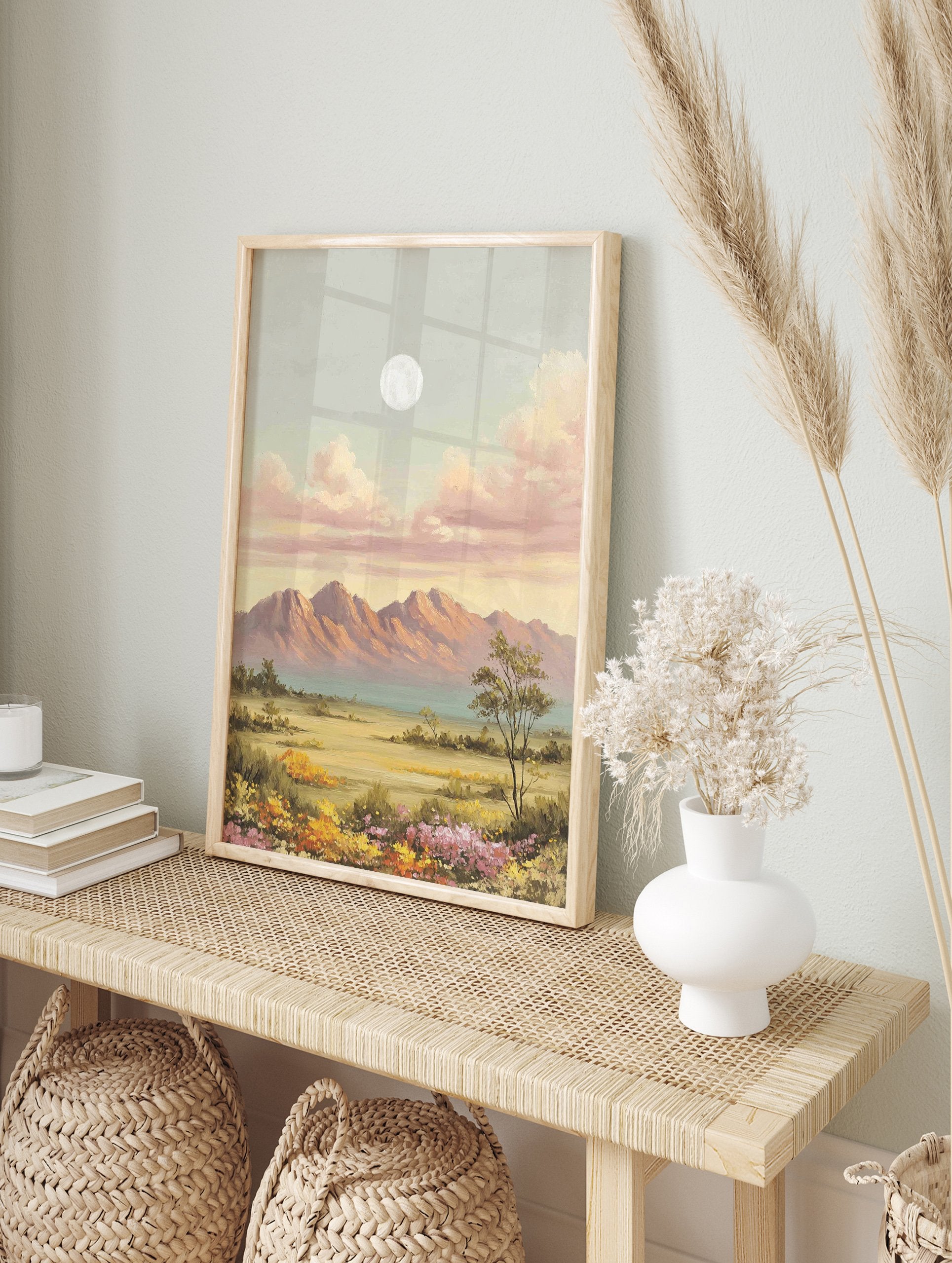 Moonlit mountain landscape painting with pink clouds, vibrant floral field, and a lone tree under a full moon. - Image 3