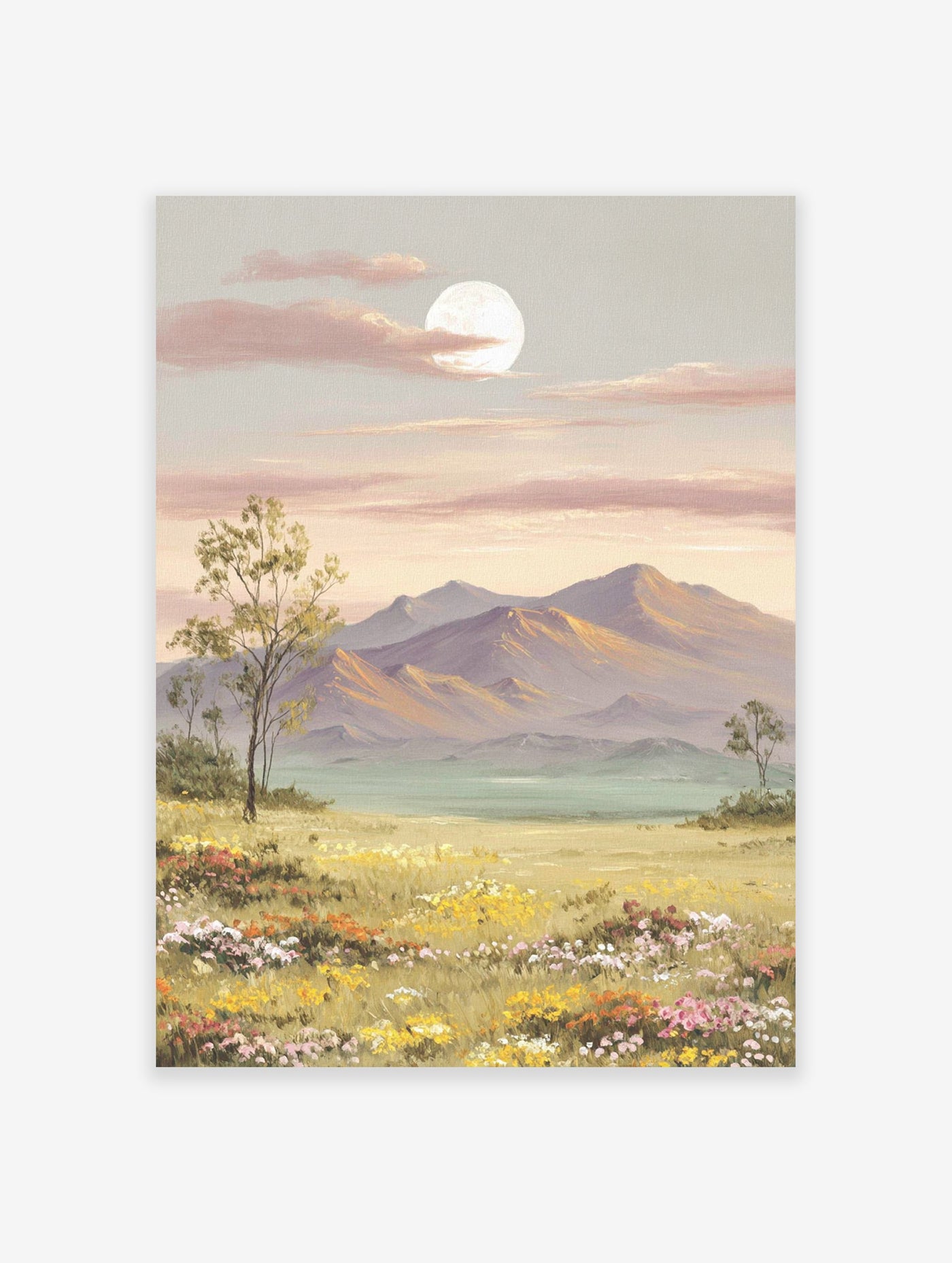 Moonlit mountain landscape painting with a field of colorful wildflowers and trees under a full moon at dusk.