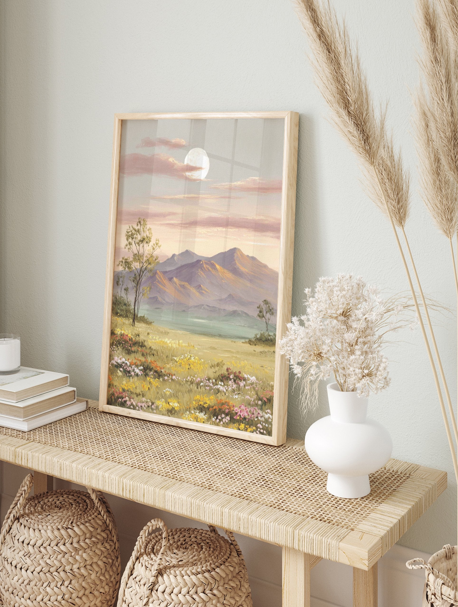 Moonlit mountain landscape painting with a field of colorful wildflowers and trees under a full moon at dusk. - Image 3