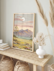 Moonlit mountain landscape painting with a field of colorful wildflowers and trees under a full moon at dusk. - Image 3