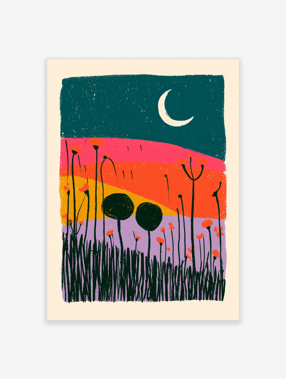 Colourful landscape poster of a crescent moon over pink and orange hills with dark poppy silhouettes