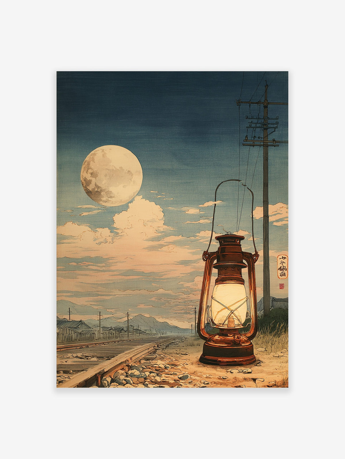 Japanese woodblock style art print of a glowing lantern on railway tracks under a large full moon at dusk