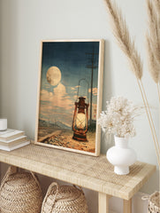 Japanese woodblock style art print of a glowing lantern on railway tracks under a large full, in an alternate framed mockup