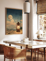 Japanese woodblock style art print of a glowing lantern on railway tracks under a large full moon, in a styled room mockup