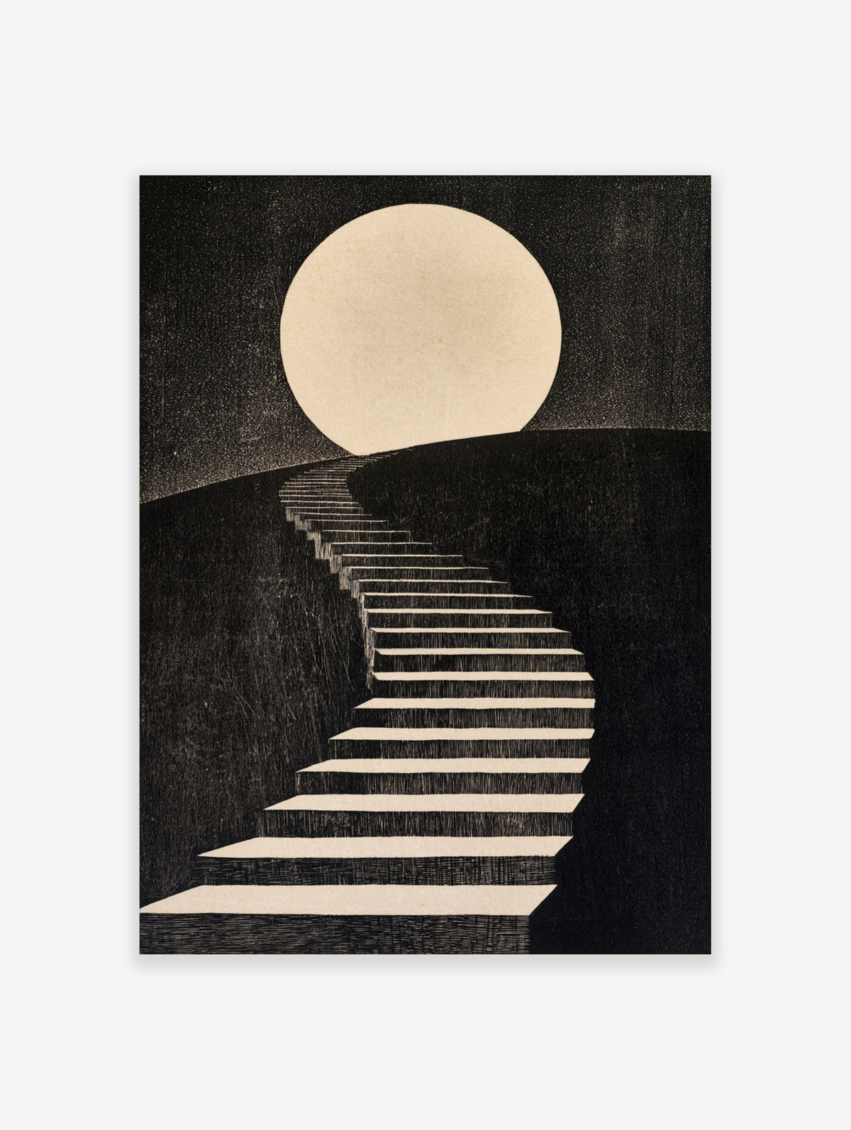Surreal illustrative wall art print of a staircase leading towards a large full moon on a dark background