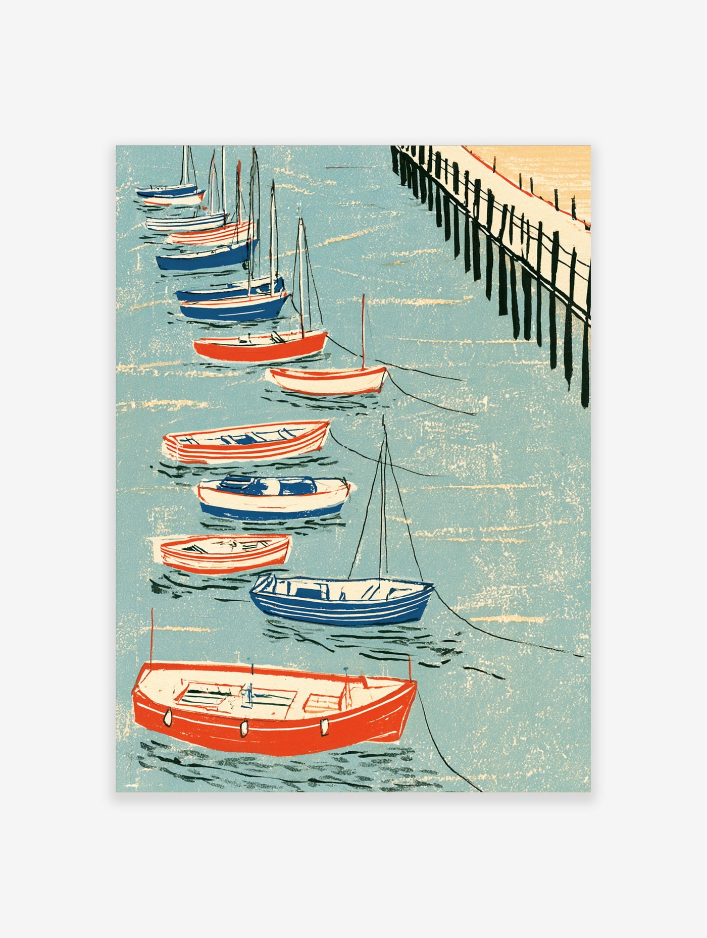 Illustrative print of small boats moored beside a wooden pier on water in a blue, red, and white palette