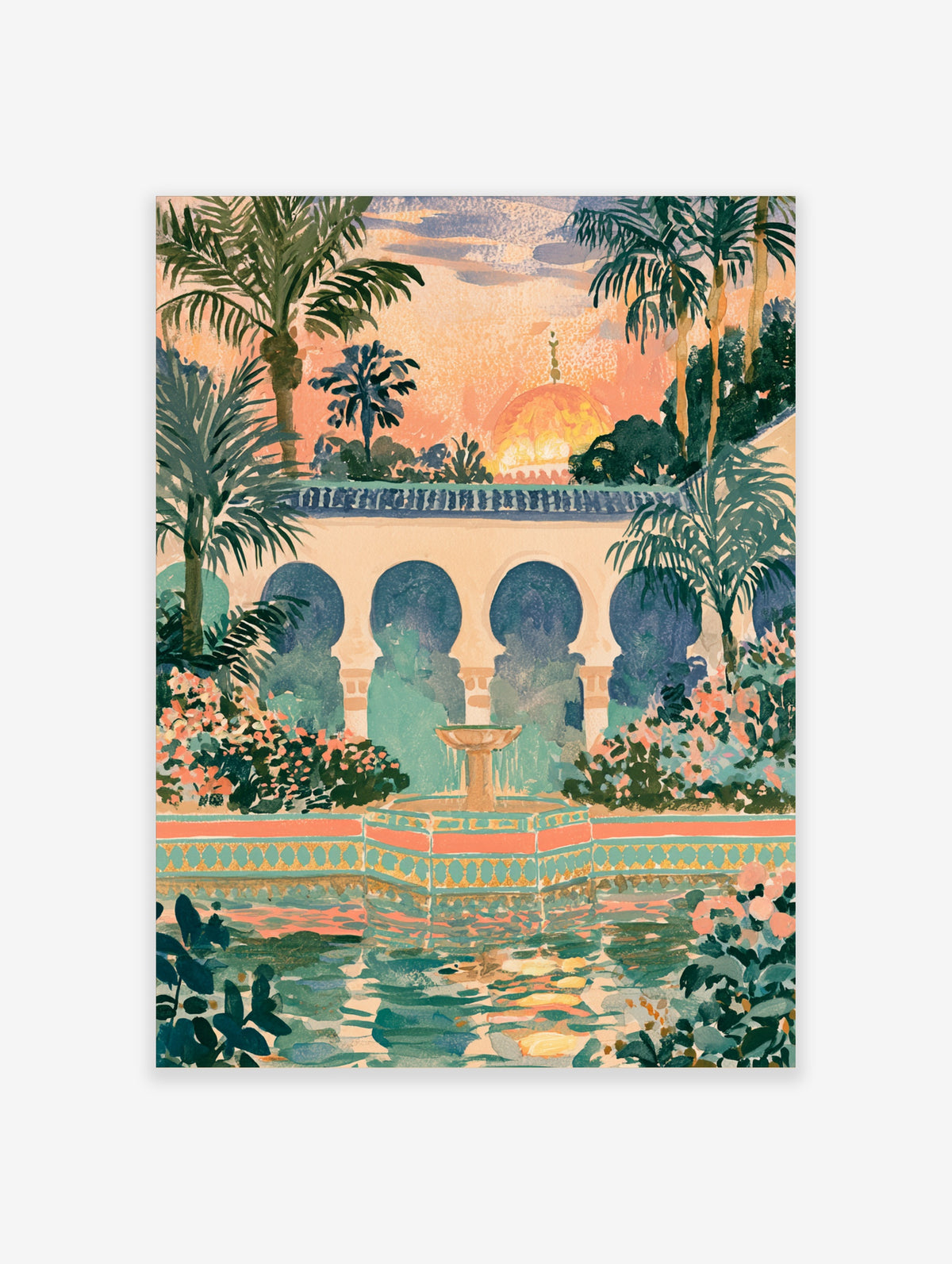 Moorish courtyard illustration with arched colonnade, fountain and palm trees at sunset poster