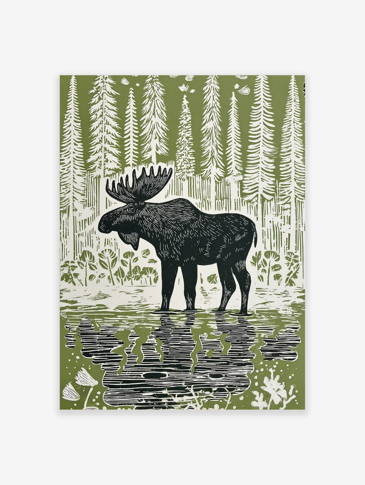 Linocut style print of a black moose standing in water with reflections, surrounded by white trees on a green background