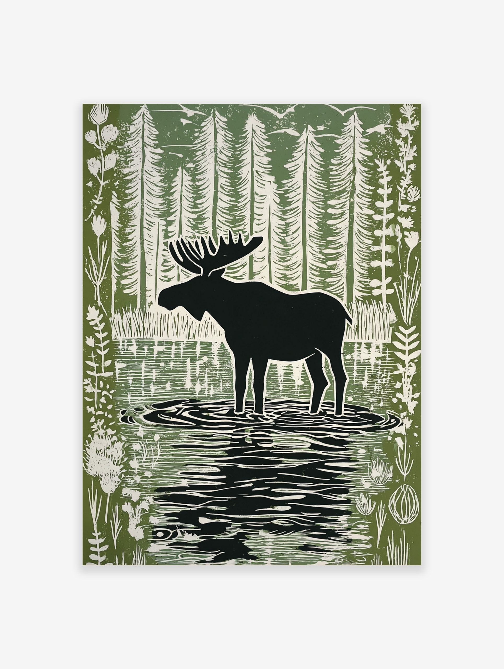Moose silhouette standing in a forest lake with tall trees and birds in a green and white linocut style print