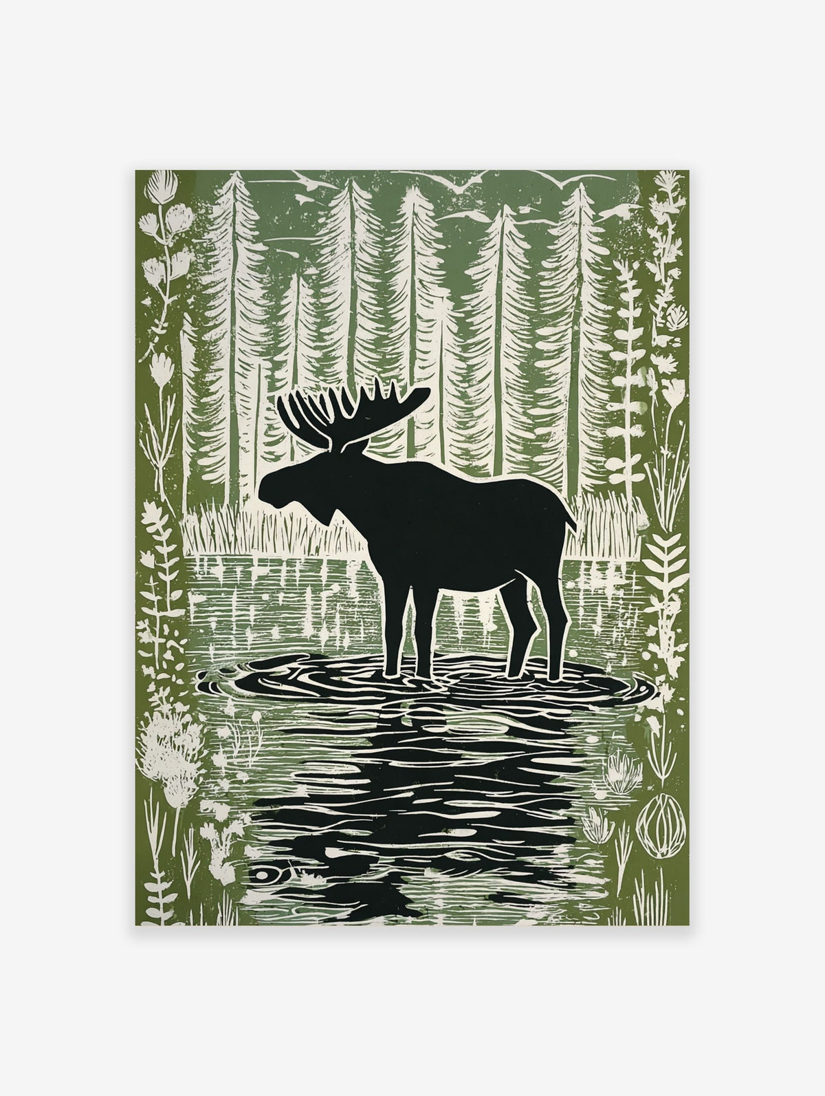 Moose silhouette standing in a forest lake with tall trees and birds in a green and white linocut style print
